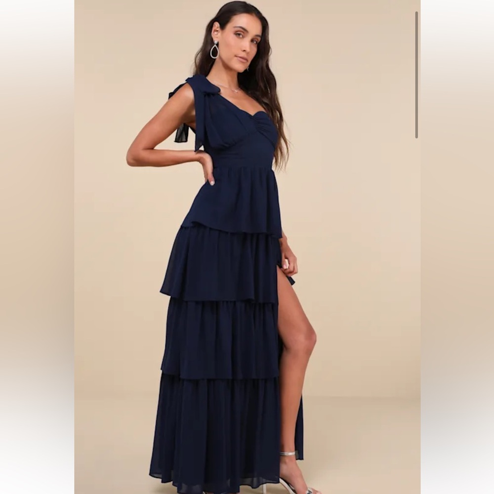 Elevated Vision Navy Blue One-Shoulder Tiered Maxi Dress